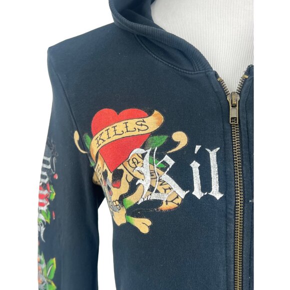 Vintage Y2K Ed Hardy x Christian Audigier Black Tattoo Skull Logo Sweater Hoodie - Picture 2 of 16